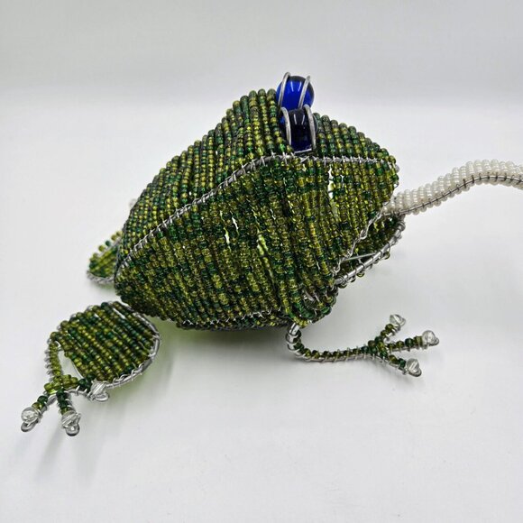Beaded Frog With Dragonfly Figurine Wire Bead Art Freestanding Toad Bug Read - Picture 5 of 12